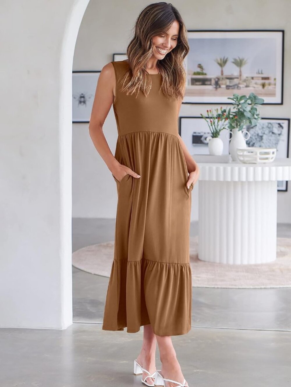 Women's Khaki Crewneck Summer Sleeveless Sundress Aline Flowy Tiered Long Maxi - Picture 6 of 6